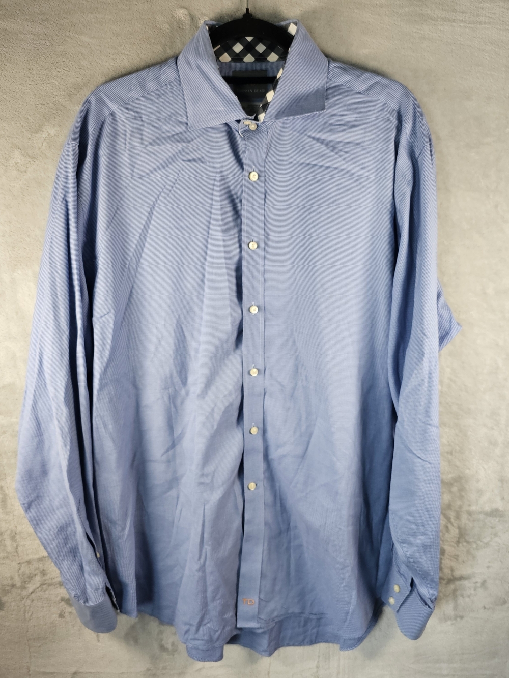 Thomas Dean Sz. XL Men's 100% Cotton Button-Up Shirt Blue Houndstooth 2Ply Yarn